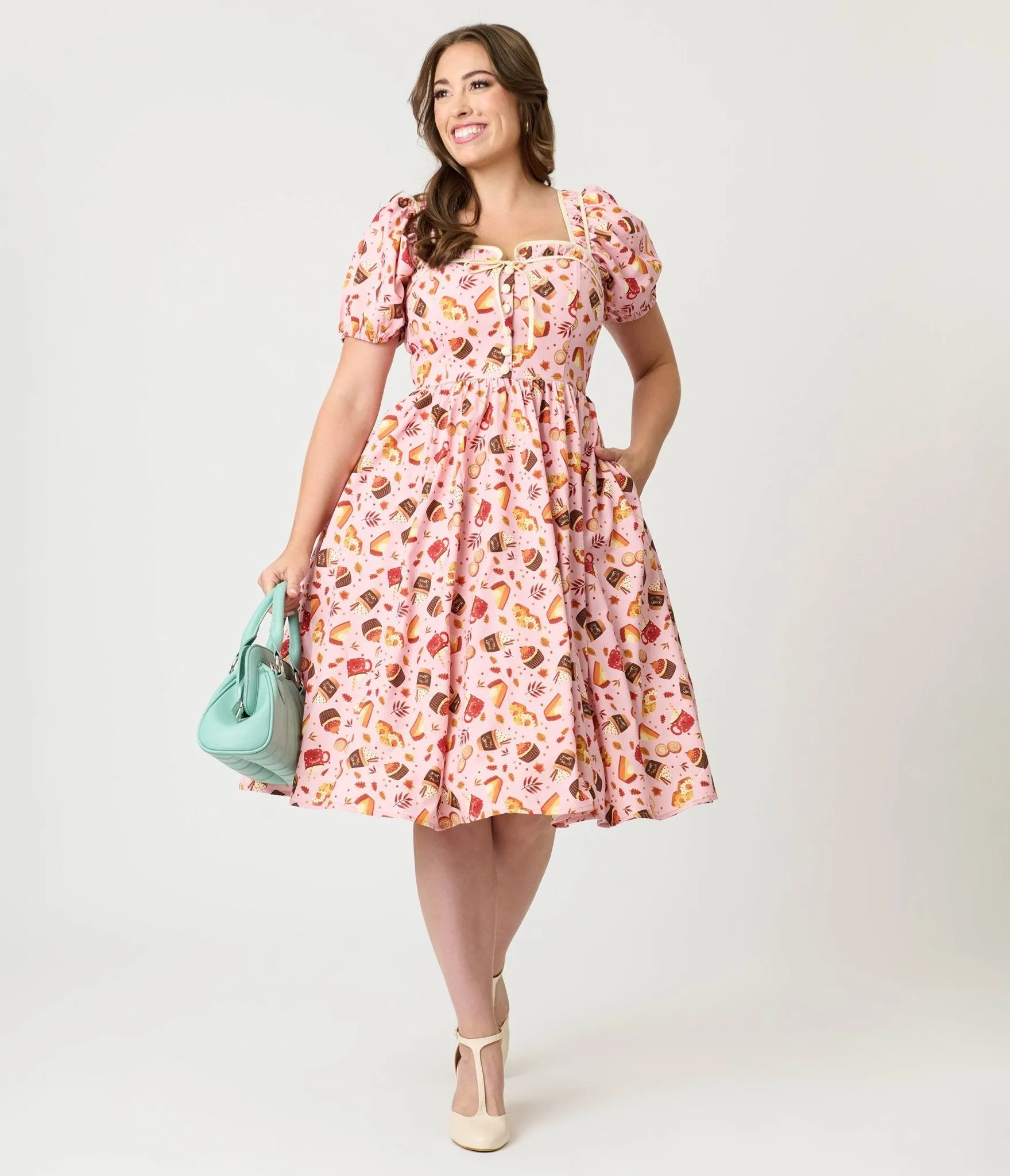 Unique Vintage Pink Fall Treats Print Button Front Swing Dress sold by Unique Vintage