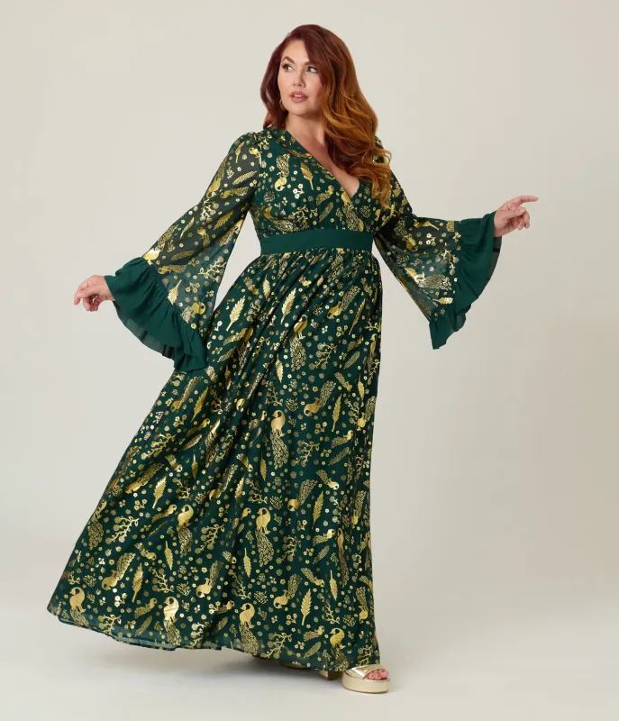 Unique Vintage Plus Size Green & Gold Foil Peacock Print Maxi Dress sold by Unique Vintage