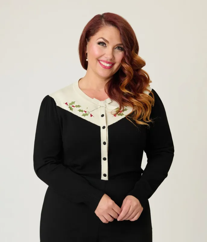 Smak Parlour Plus Size Black & Ivory Holly Embroidered Cardigan sold by Unique Vintage