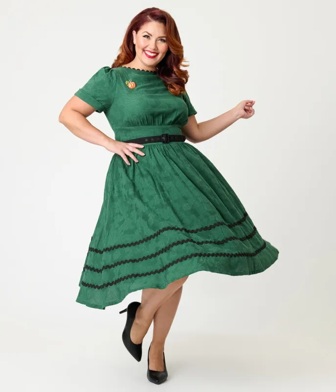 Unique Vintage Plus Size Emerald & Pumpkin Pin Cotton Swing Dress sold by Unique Vintage