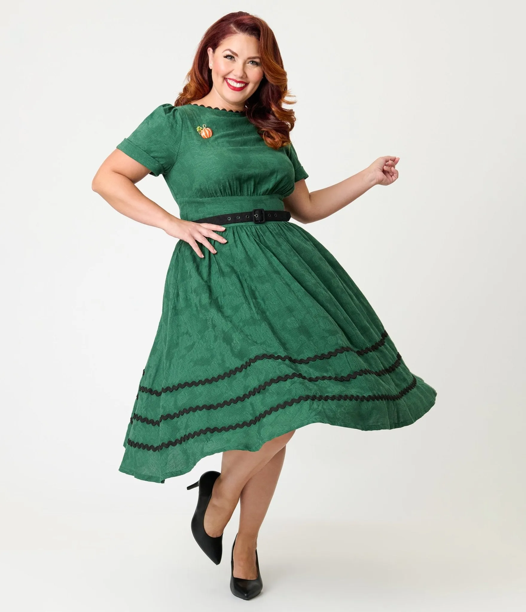 Unique Vintage Plus Size Emerald & Pumpkin Pin Cotton Swing Dress sold by Unique Vintage