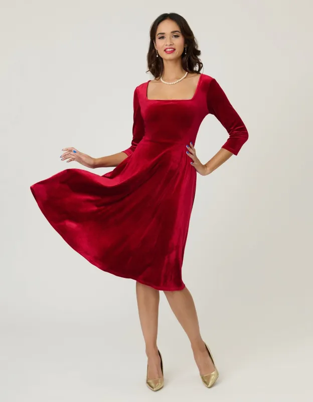 Unique Vintage Red Velvet Square Neck Swing Dress sold by Unique Vintage