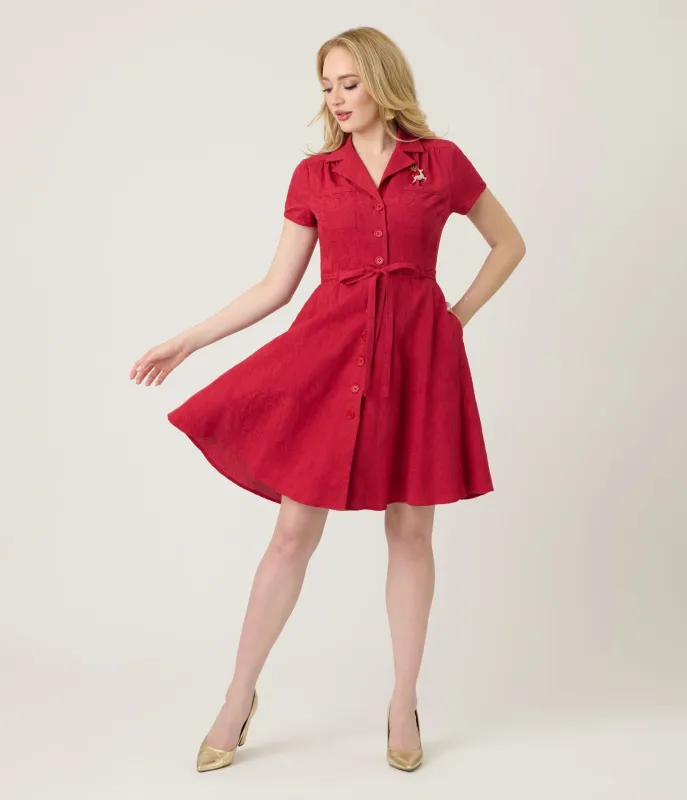 Smak Parlour Burgundy Reindeer Cotton Fit & Flare Dress sold by Unique Vintage