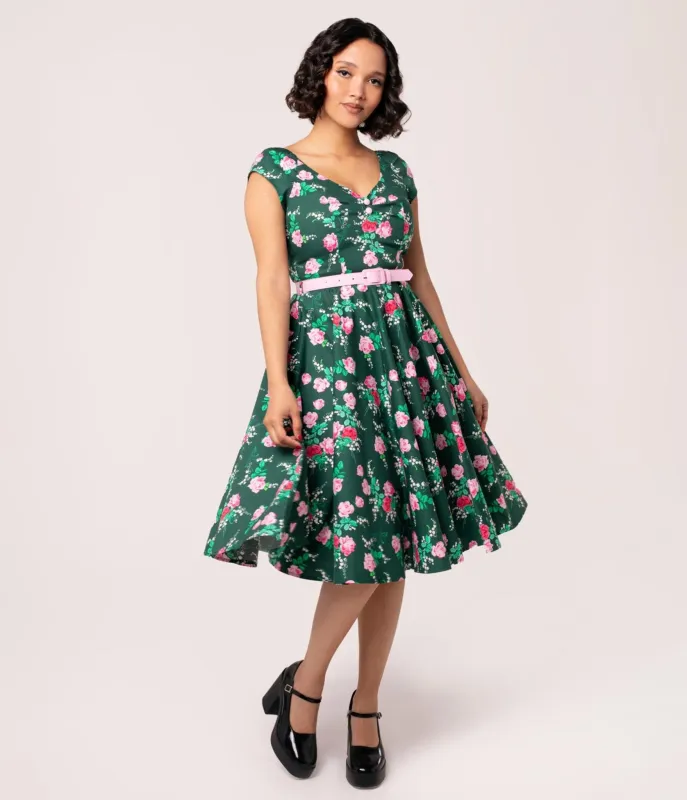 Hell Bunny Emerald & Pink Floral Swing Dress sold by Unique Vintage