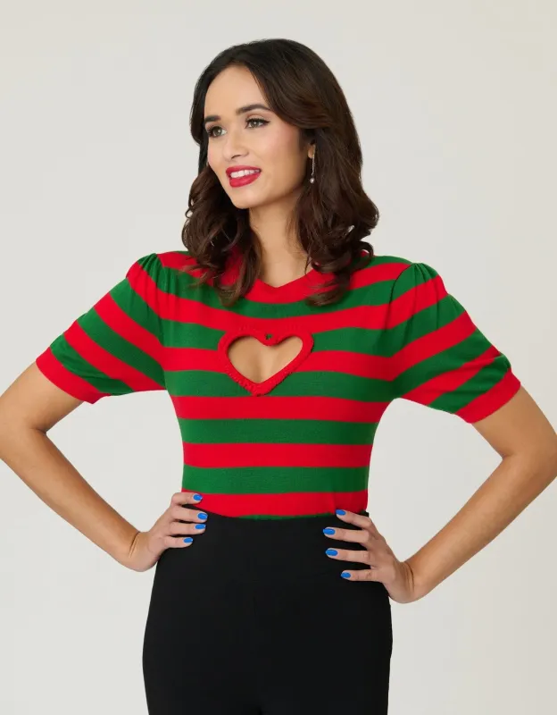 Smak Parlour Green & Red Stripe Heart Sweater sold by Unique Vintage