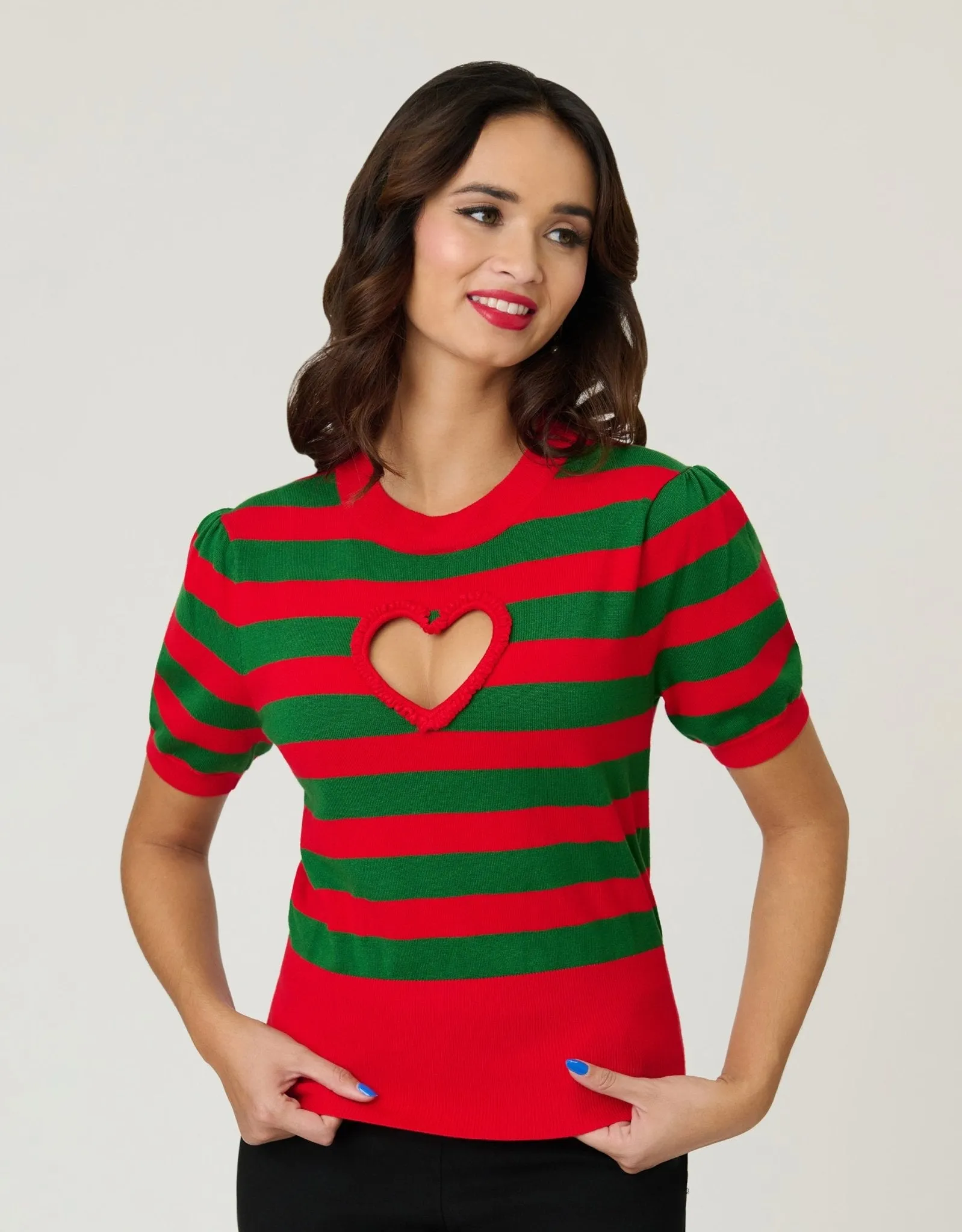 Smak Parlour Green & Red Stripe Heart Sweater sold by Unique Vintage product image thumbnail 2