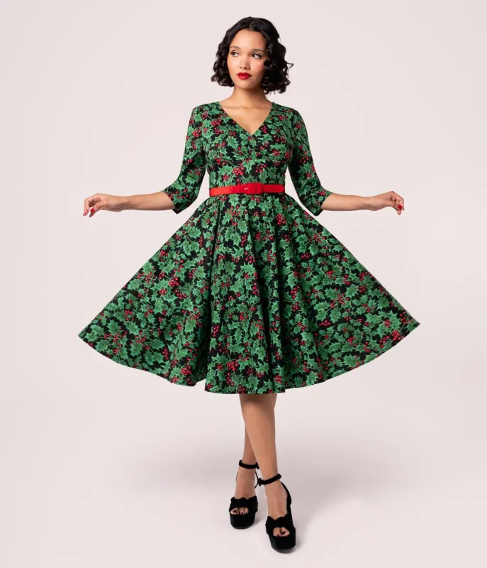 Hell Bunny Black & Green Holiday Swing Dress sold by Unique Vintage