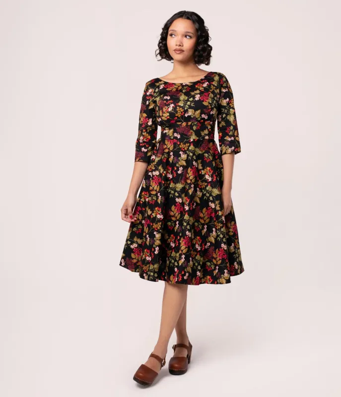 Hell Bunny Black & Fall Floral Swing Dress sold by Unique Vintage