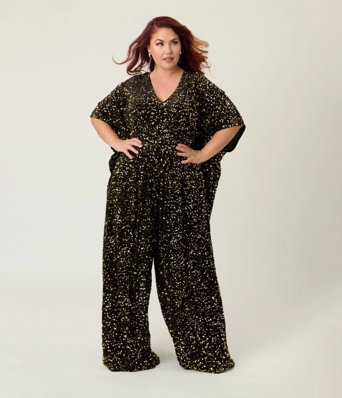 Unique Vintage Plus Size Black & Gold Sequin Caftan Jumpsuit sold by Unique Vintage