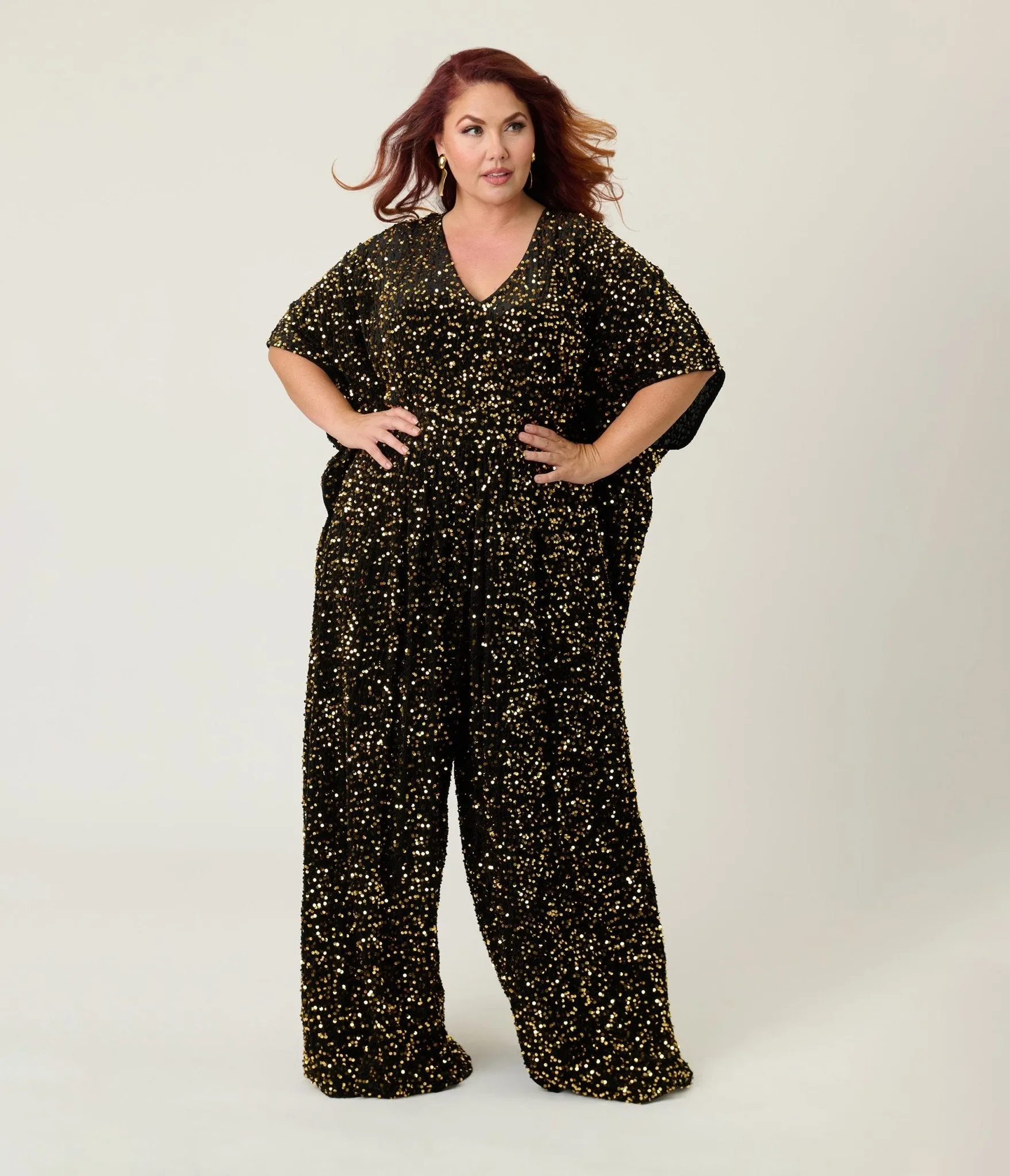 Unique Vintage Plus Size Black & Gold Sequin Caftan Jumpsuit sold by Unique Vintage