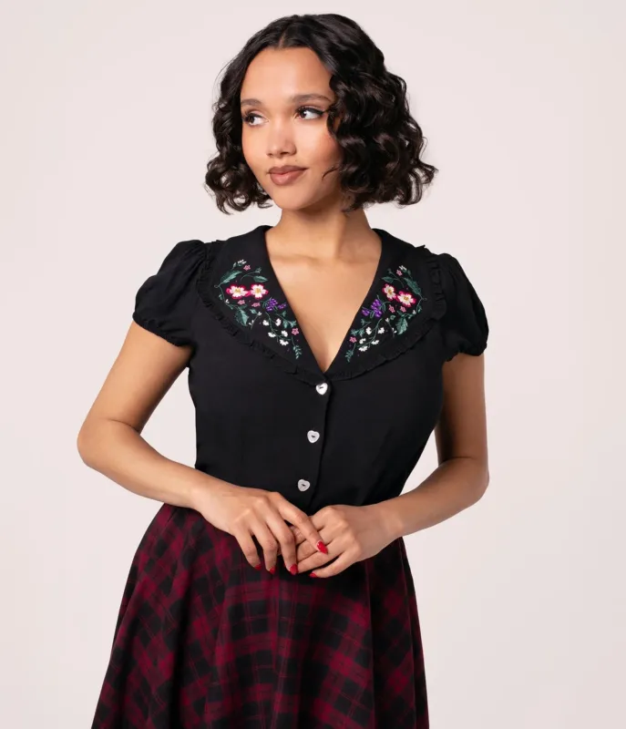 Hell Bunny Floral Embroidered Collared Blouse made by Unique Vintage