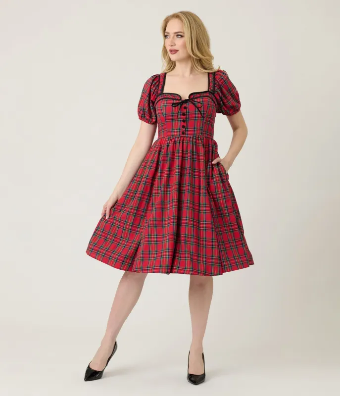 Unique Vintage Red Plaid Button Front Swing Dress sold by Unique Vintage