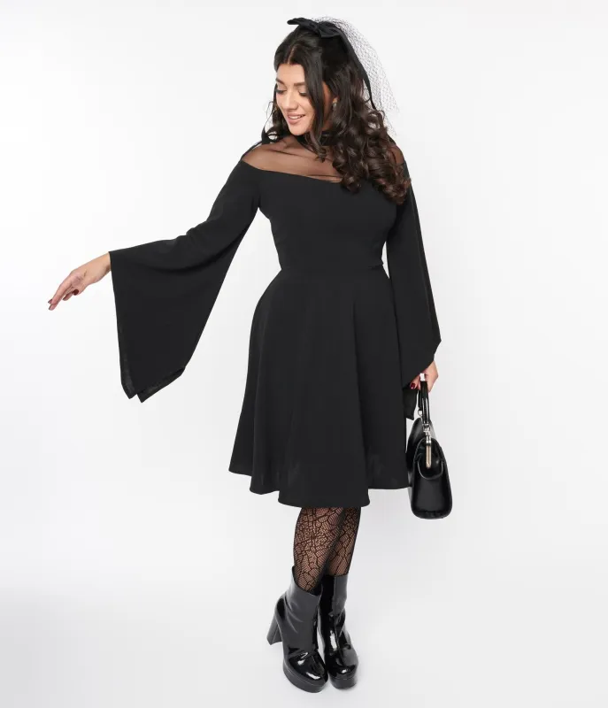 Black Bell Sleeve Flare Dress sold by Unique Vintage