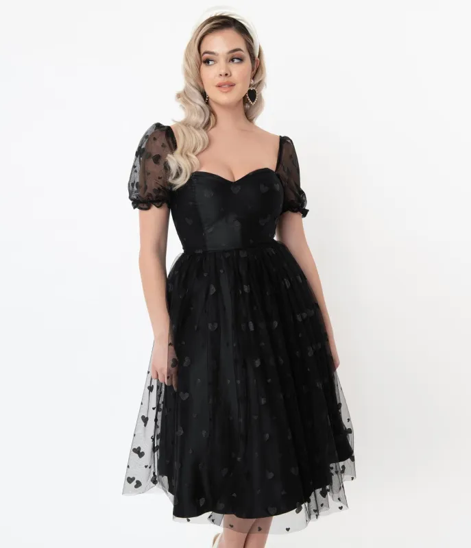 Collectif 1960s Black Mesh & Glitter Hearts Skylar Swing Dress sold by Unique Vintage