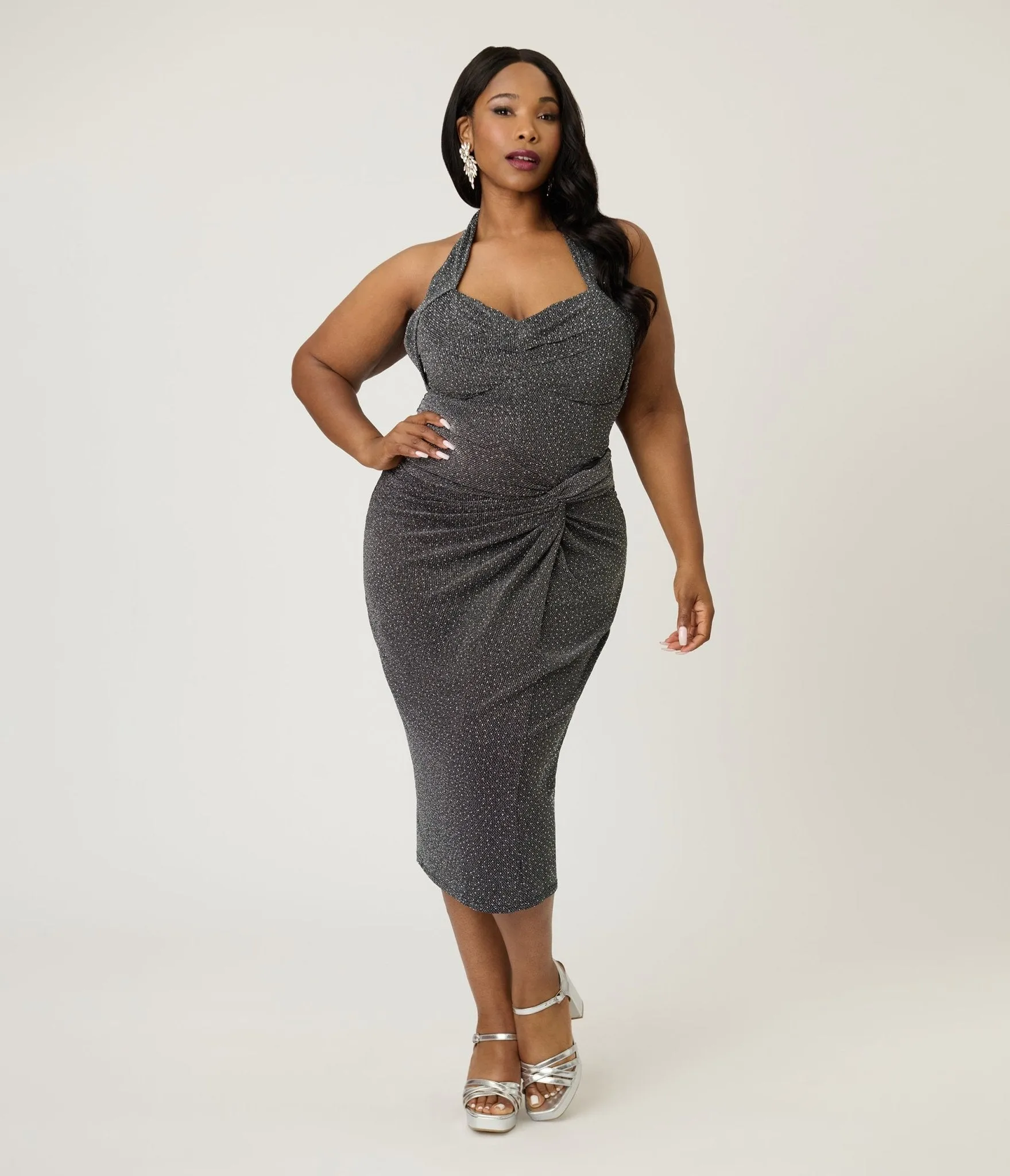 Unique Vintage Plus Size Black & Silver Shimmer Romper & Sarong Set sold by Unique Vintage