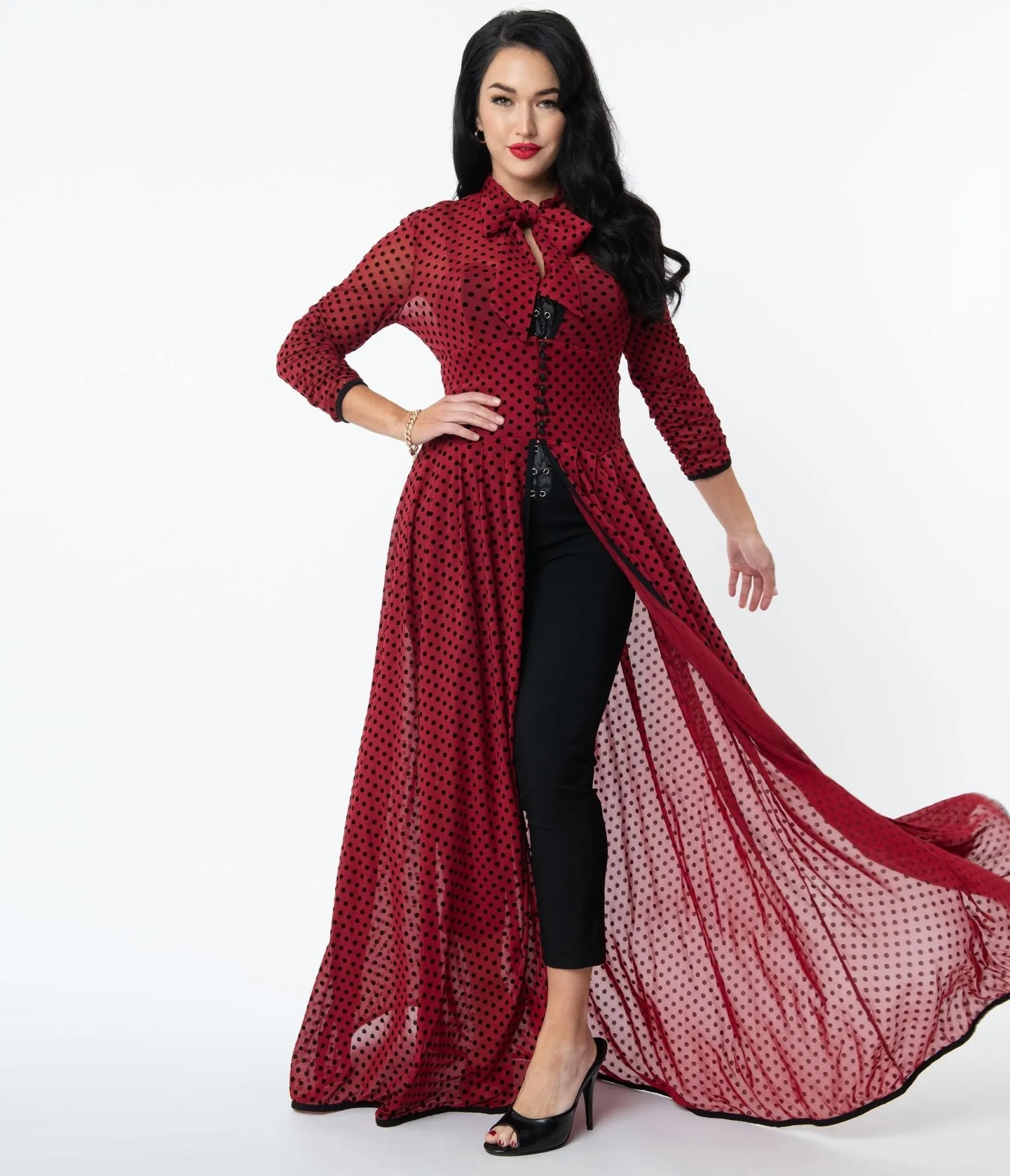 Unique Vintage Burgundy & Black Swiss Dots Tallullah Duster sold by Unique Vintage product image thumbnail 5