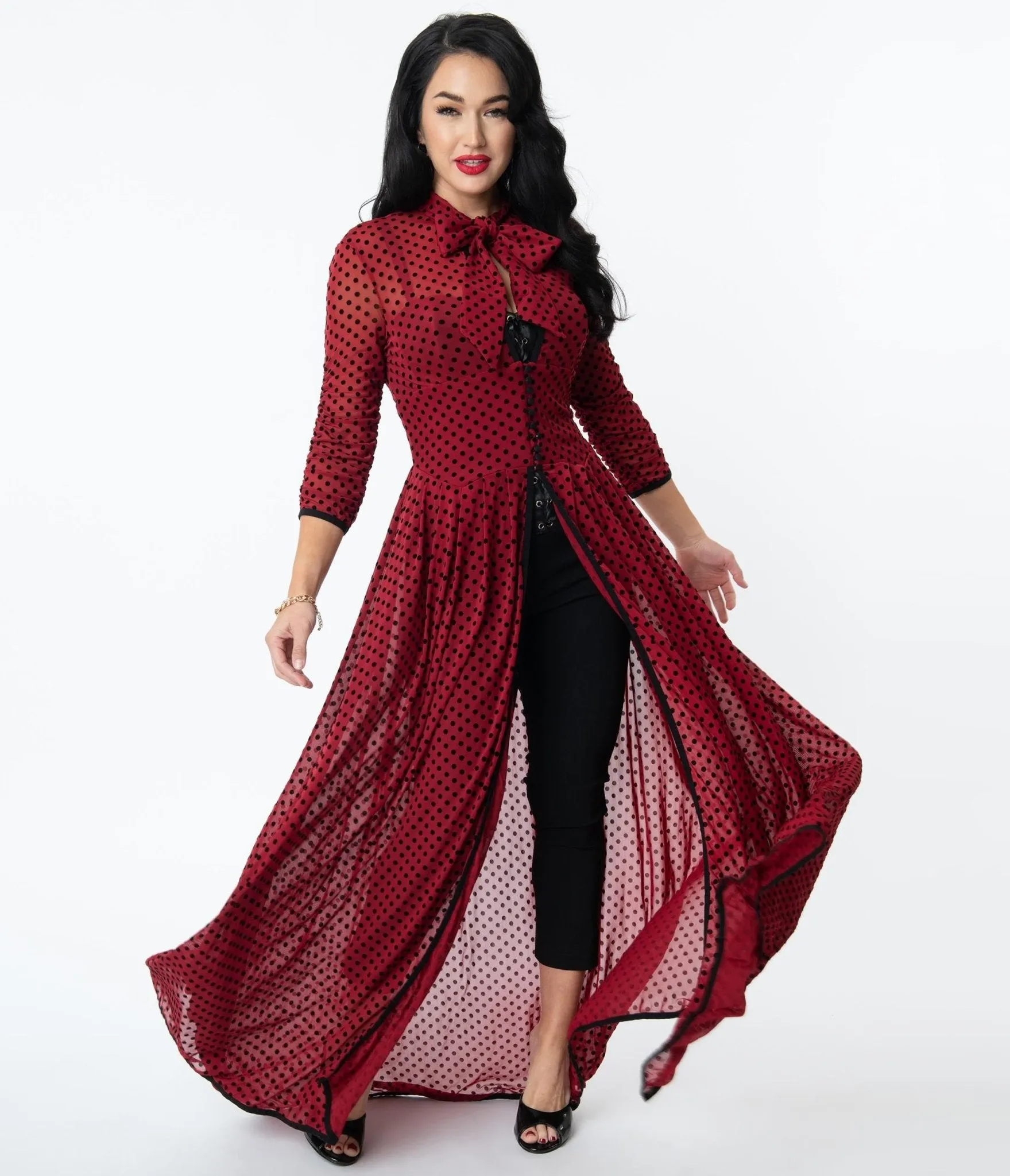Unique Vintage Burgundy & Black Swiss Dots Tallullah Duster sold by Unique Vintage