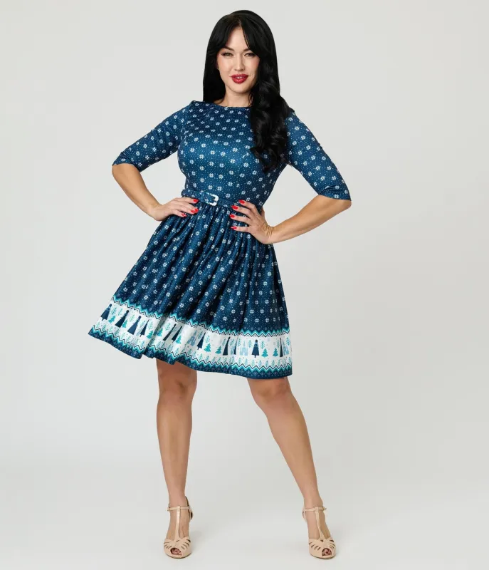 Disney's Frozen Collection by Unique Vintage Fair Isle Border Print Stephanie Flare Dress sold by Unique Vintage