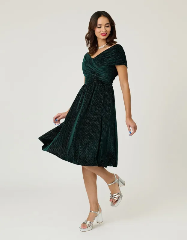 Unique Vintage Emerald Velvet Shirred Swing Dress sold by Unique Vintage