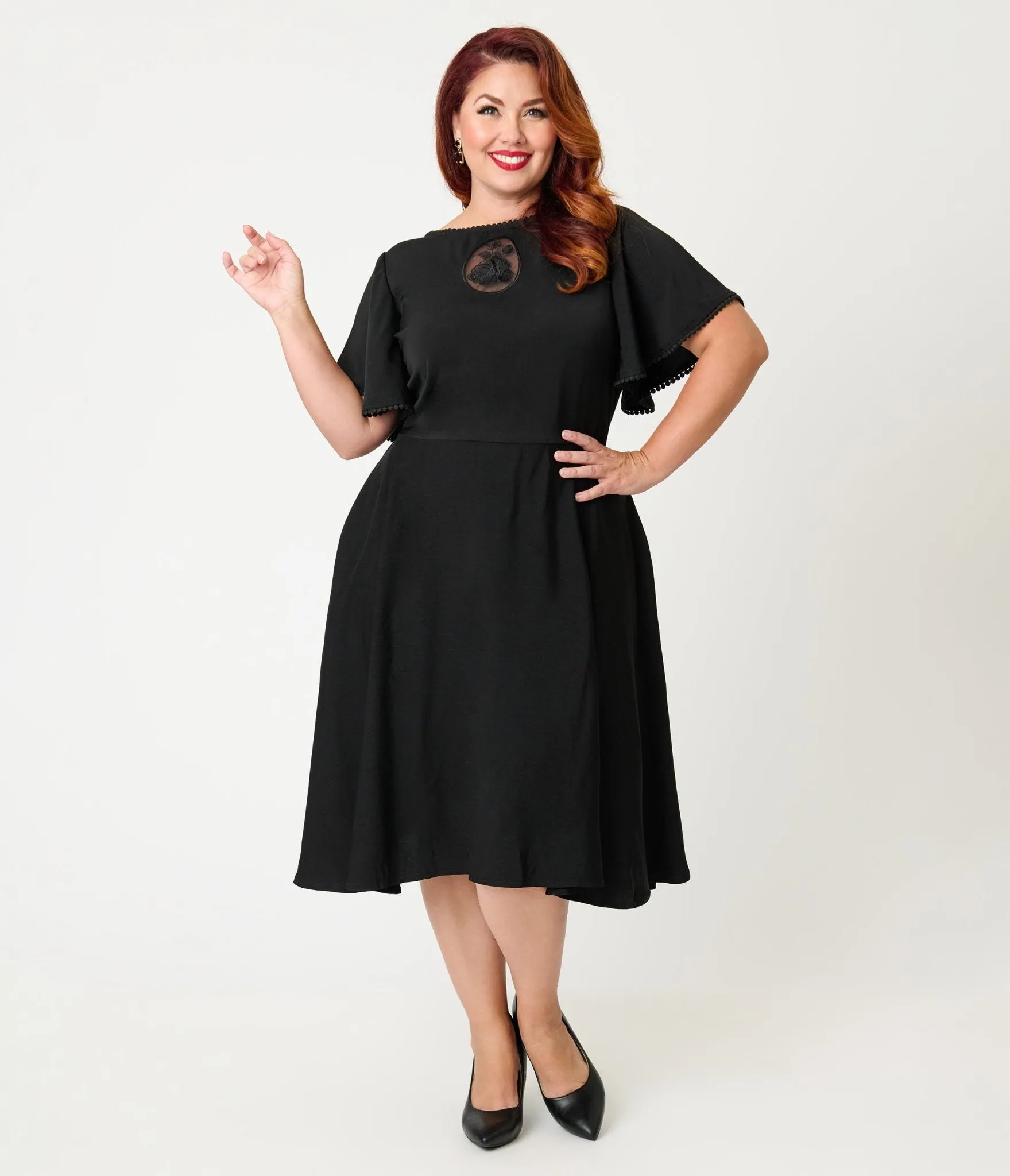 Unique Vintage Plus Size Black Floral Mesh Cutout Swing Dress sold by Unique Vintage product image thumbnail 3