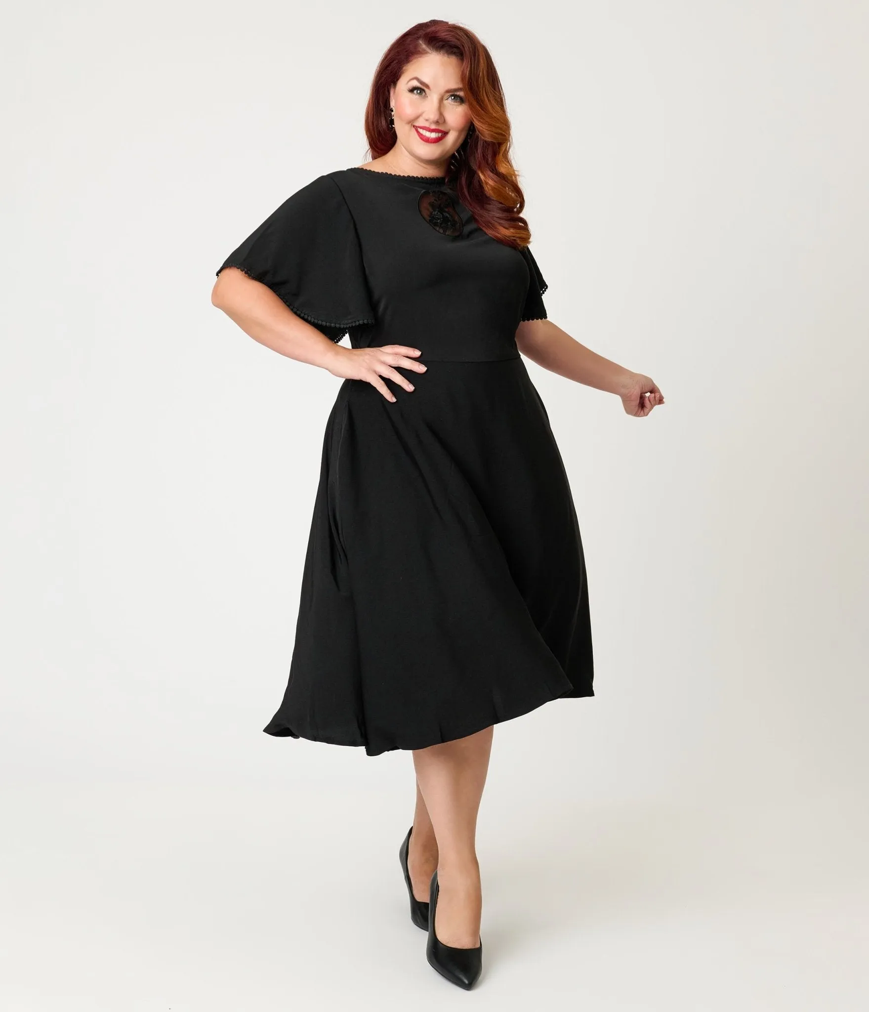 Unique Vintage Plus Size Black Floral Mesh Cutout Swing Dress sold by Unique Vintage product image thumbnail 4