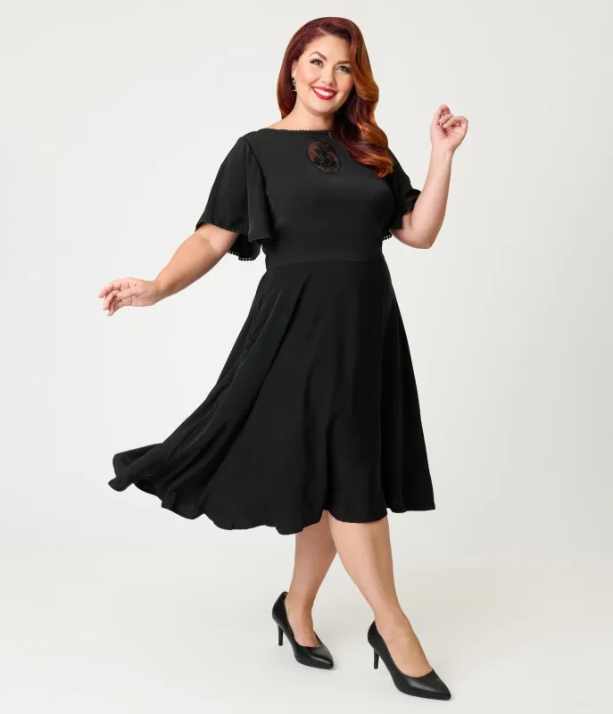 Unique Vintage Plus Size Black Floral Mesh Cutout Swing Dress sold by Unique Vintage