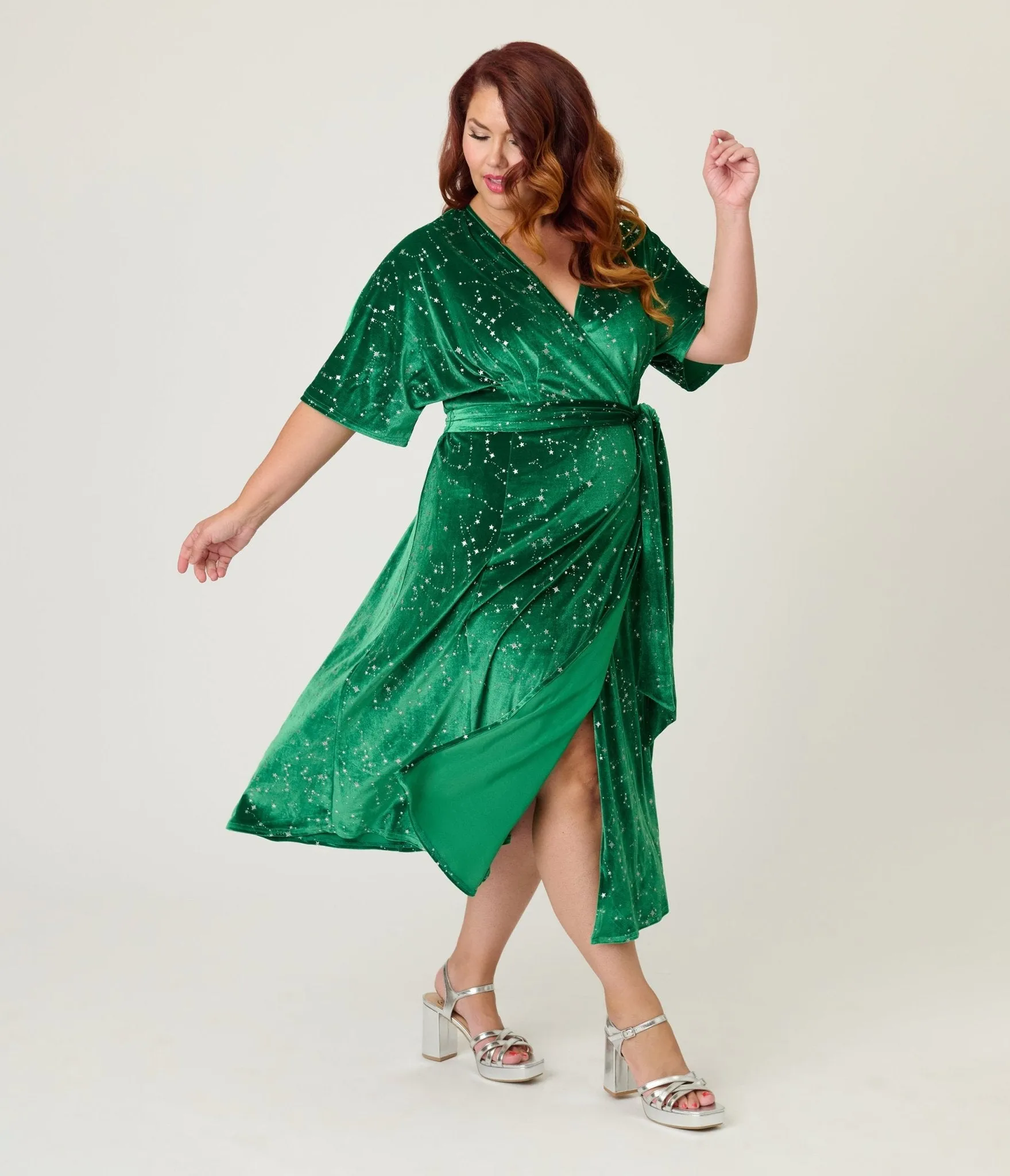Unique Vintage Plus Size Green & Silver Stars Velvet Wrap Midi Dress sold by Unique Vintage