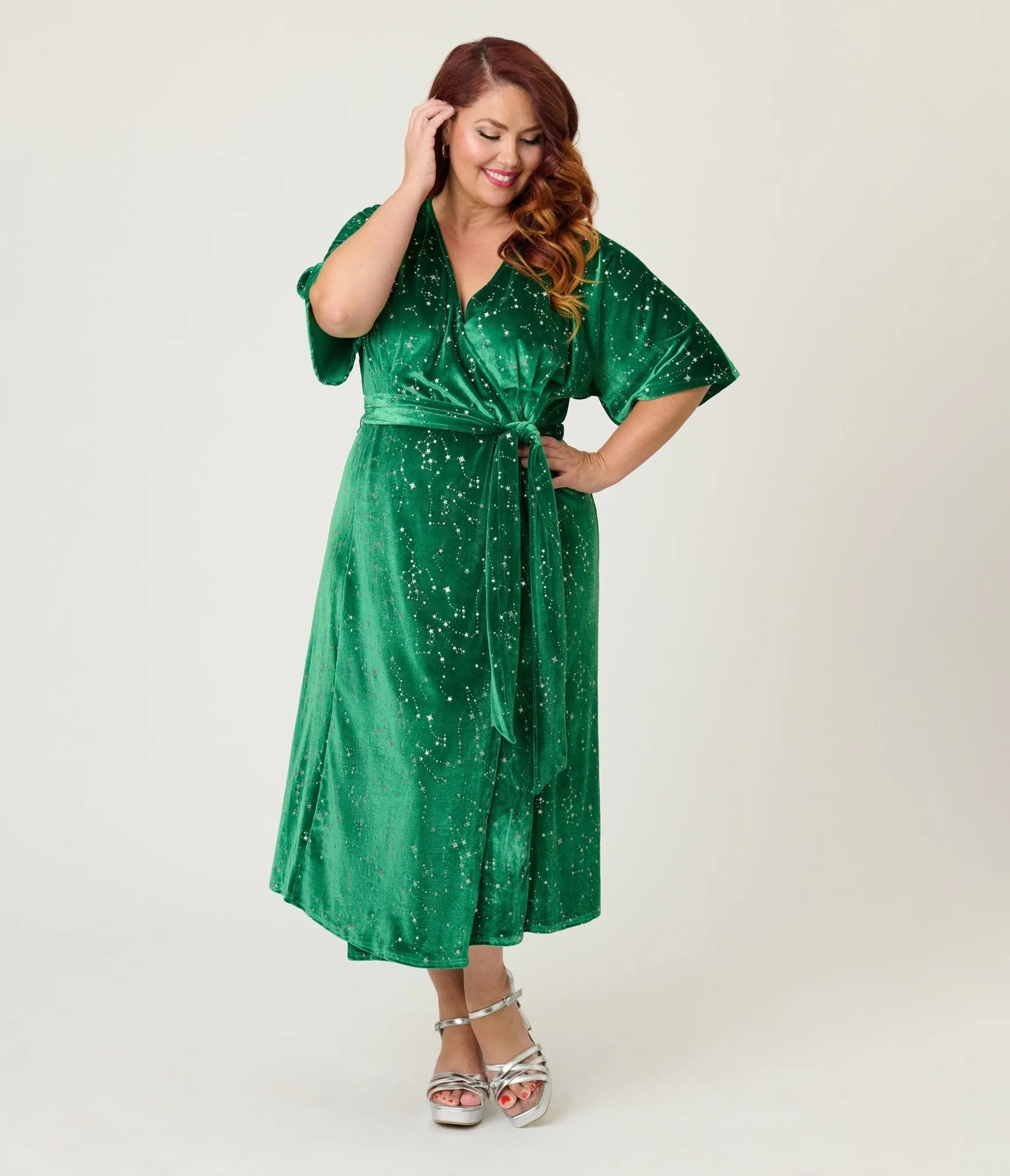 Unique Vintage Plus Size Green & Silver Stars Velvet Wrap Midi Dress sold by Unique Vintage product image thumbnail 4