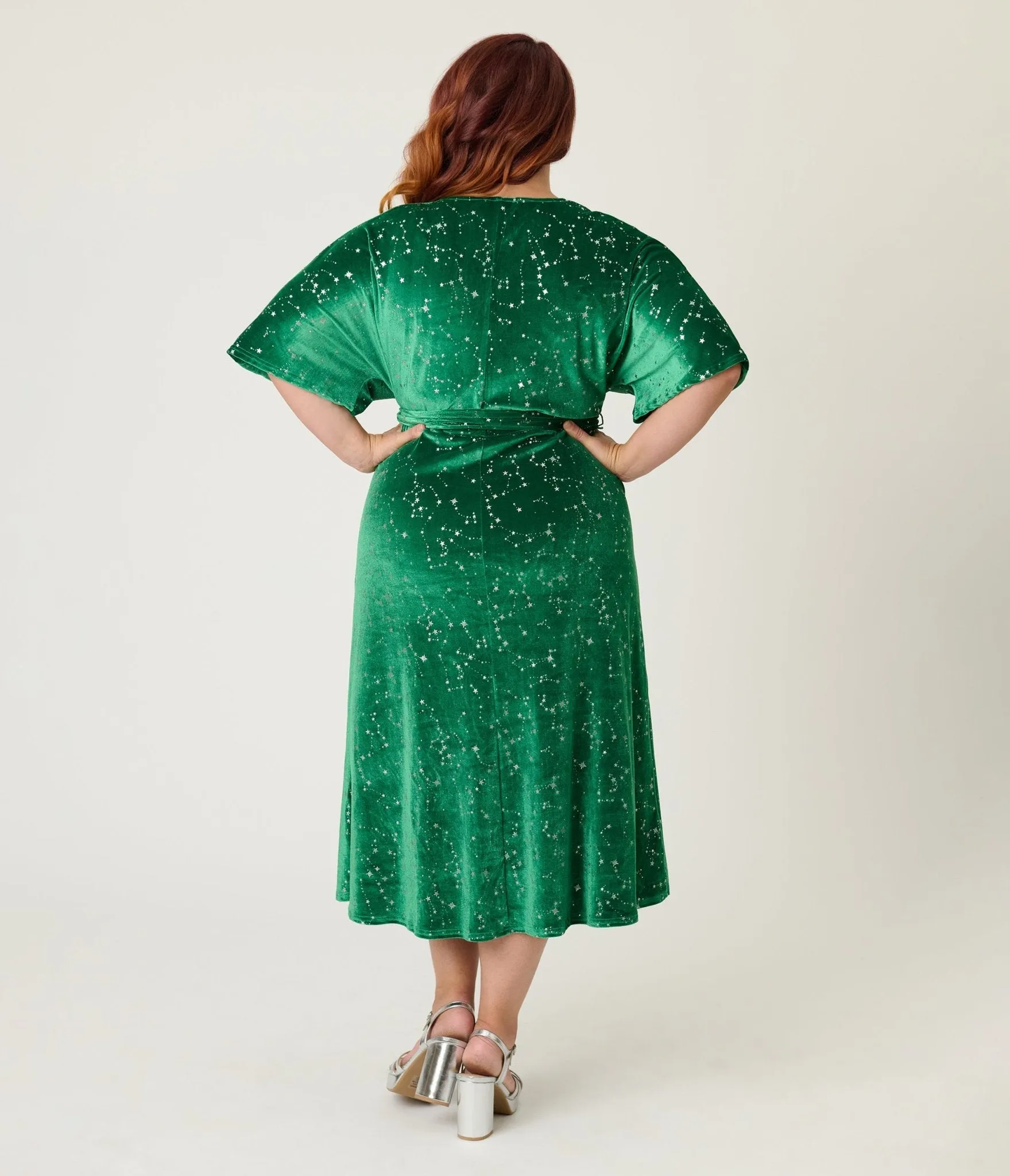 Unique Vintage Plus Size Green & Silver Stars Velvet Wrap Midi Dress sold by Unique Vintage product image thumbnail 2