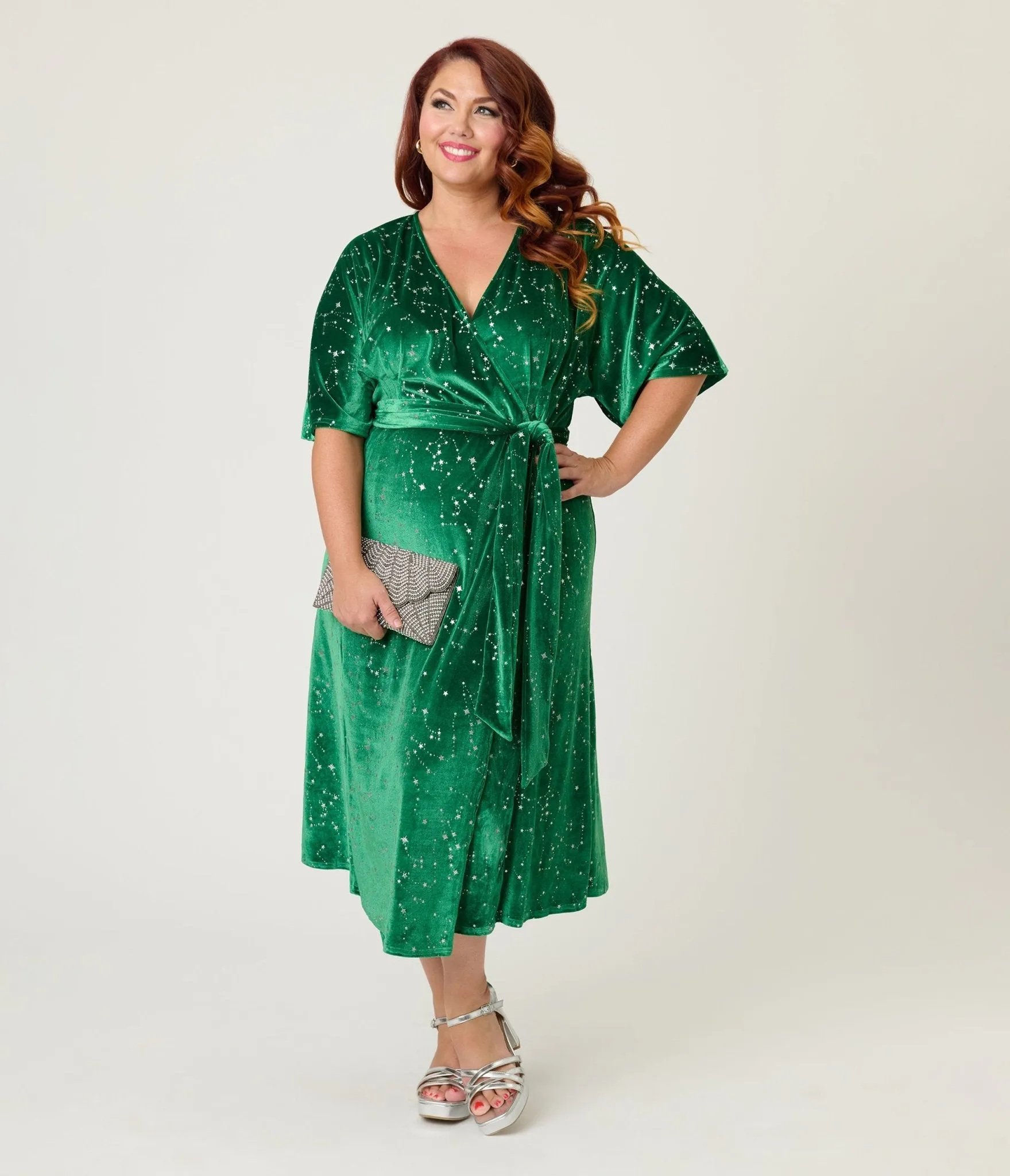 Unique Vintage Plus Size Green & Silver Stars Velvet Wrap Midi Dress sold by Unique Vintage product image thumbnail 3