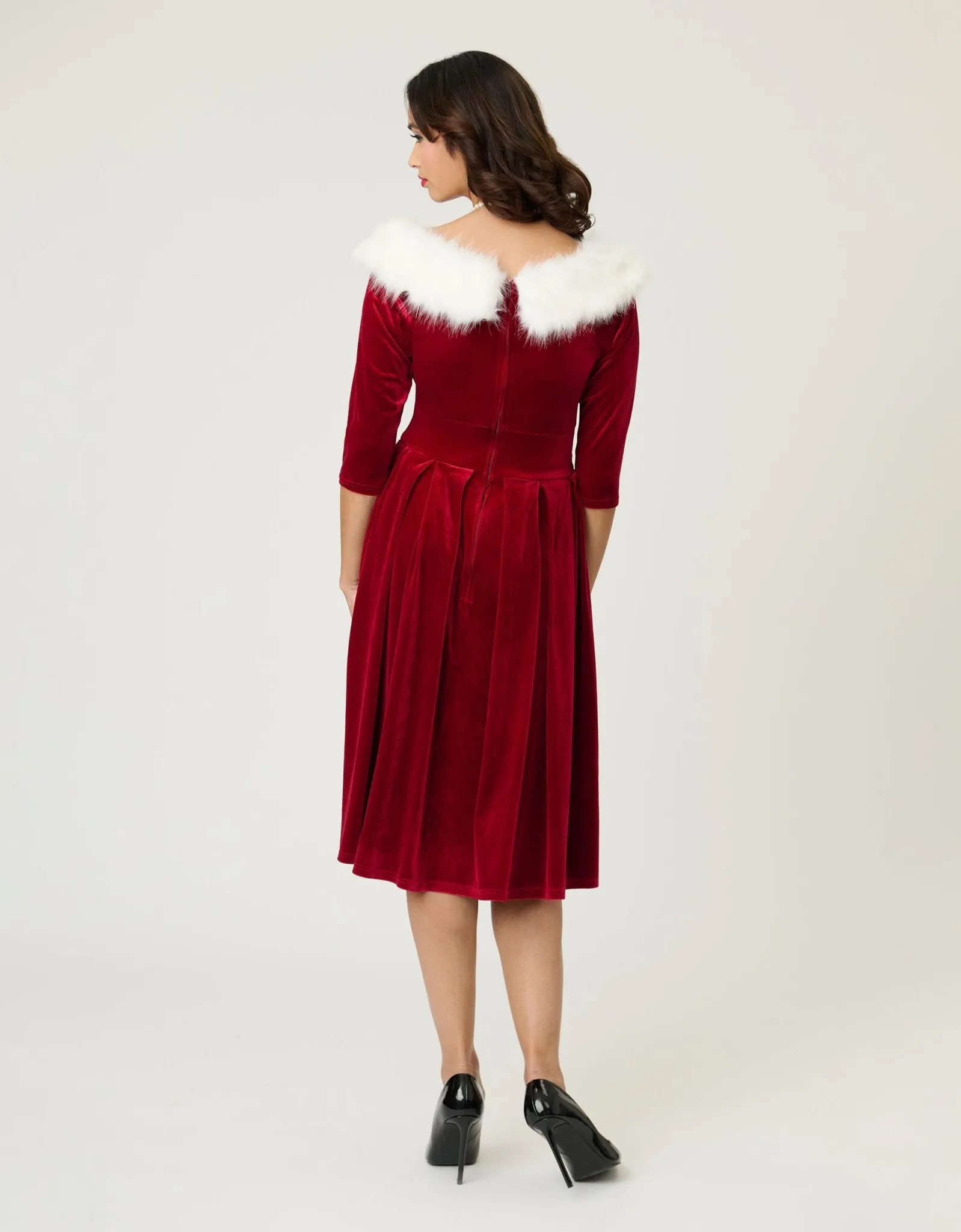 Unique Vintage Burgundy Velvet Fur Collared Marceline Swing Dress sold by Unique Vintage product image thumbnail 2