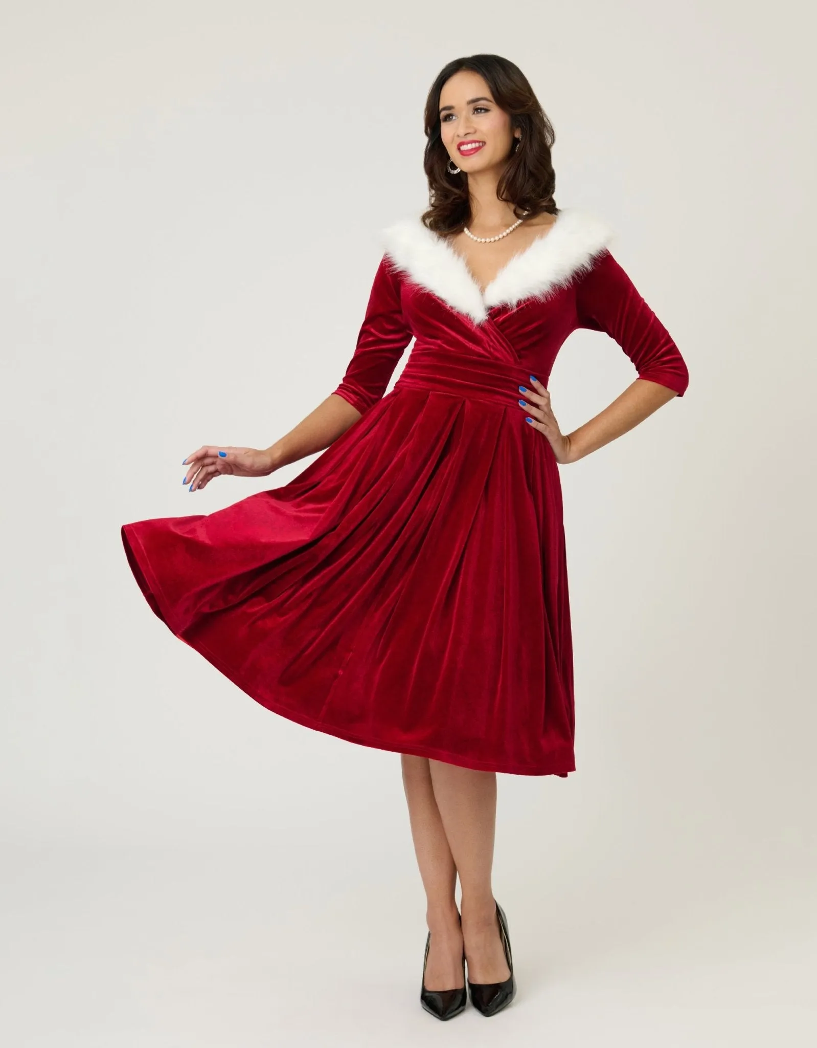 Unique Vintage Burgundy Velvet Fur Collared Marceline Swing Dress sold by Unique Vintage product image thumbnail 4