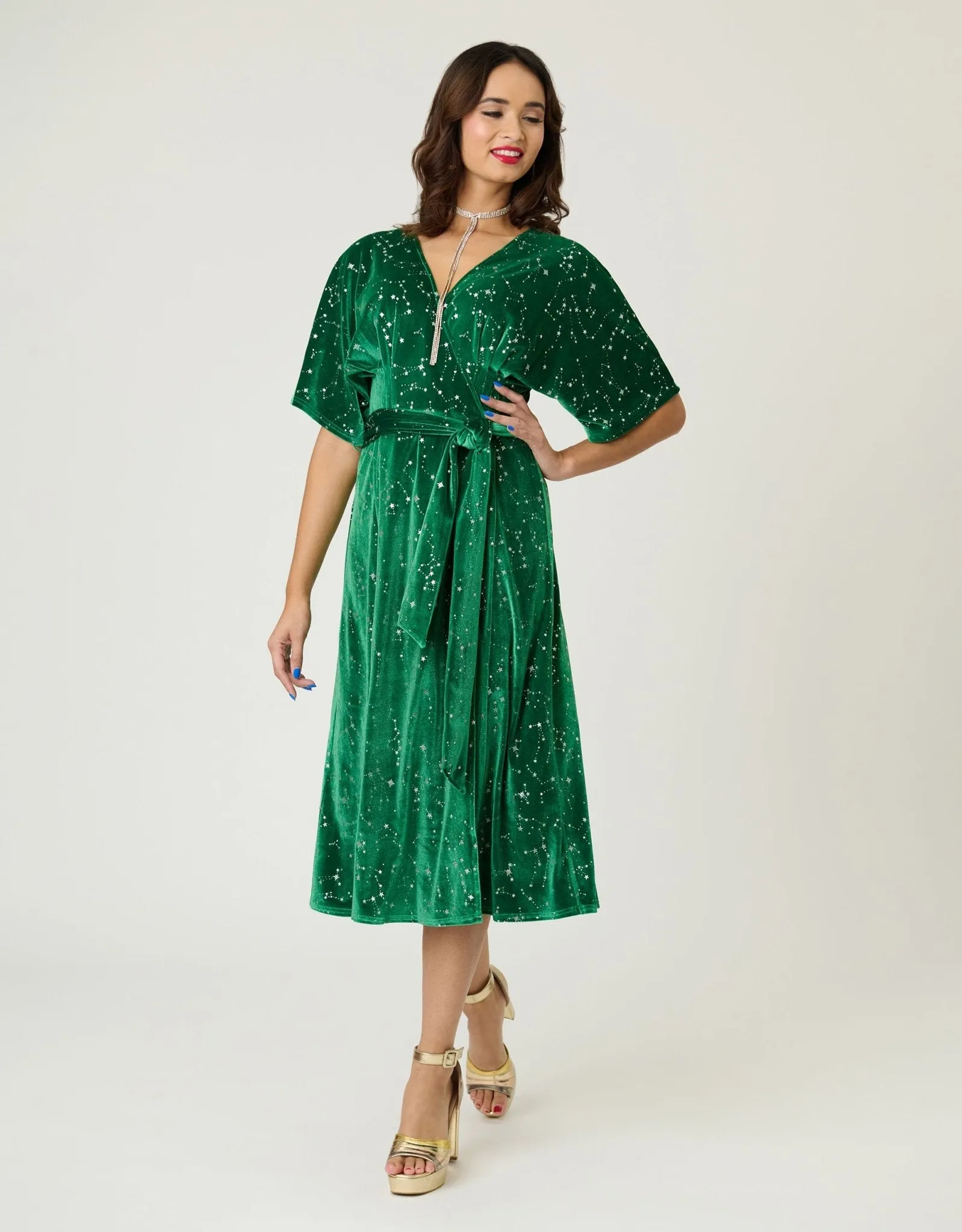 Unique Vintage Green & Silver Stars Velvet Wrap Midi Dress sold by Unique Vintage product image thumbnail 3