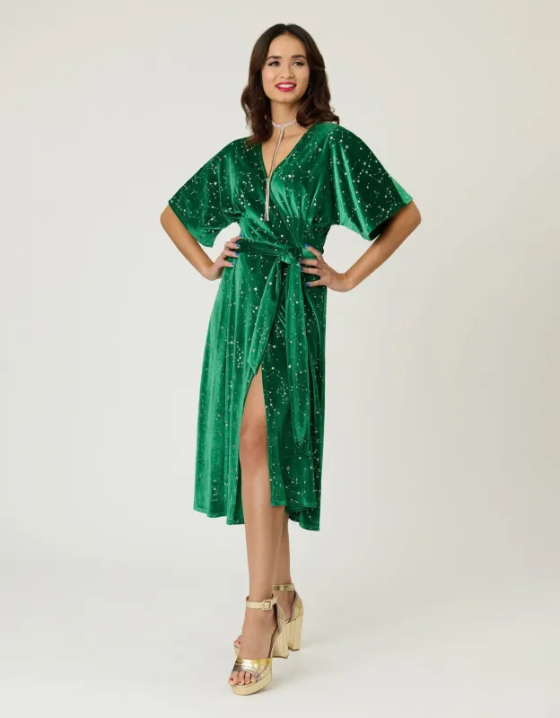 Unique Vintage Green & Silver Stars Velvet Wrap Midi Dress sold by Unique Vintage