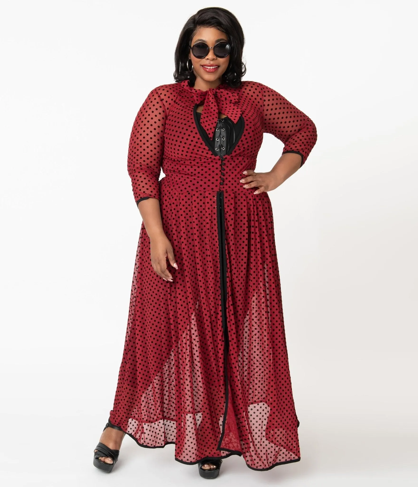 Unique Vintage Plus Size Burgundy & Black Swiss Dots Tallullah Duster sold by Unique Vintage