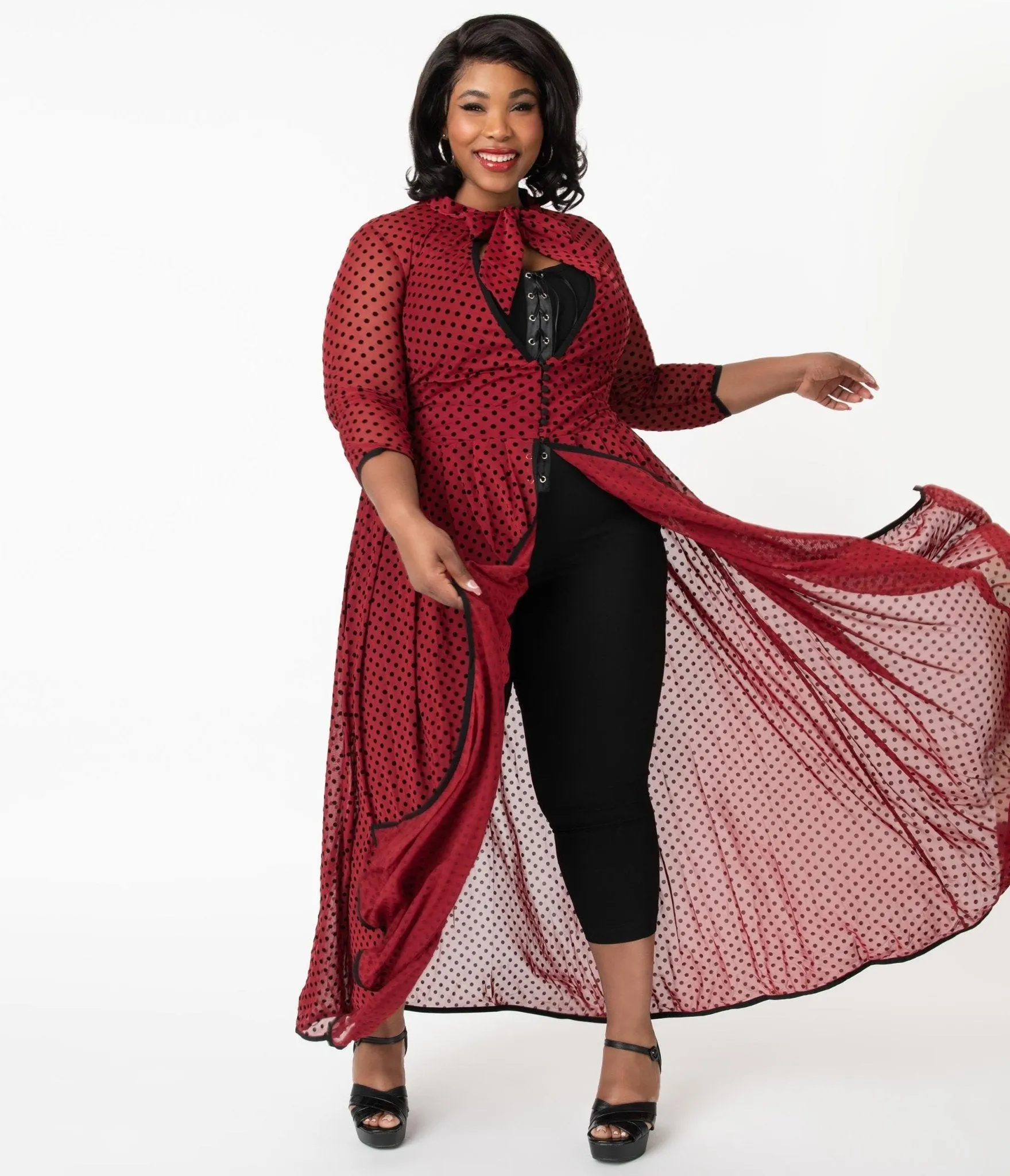 Unique Vintage Plus Size Burgundy & Black Swiss Dots Tallullah Duster sold by Unique Vintage product image thumbnail 5