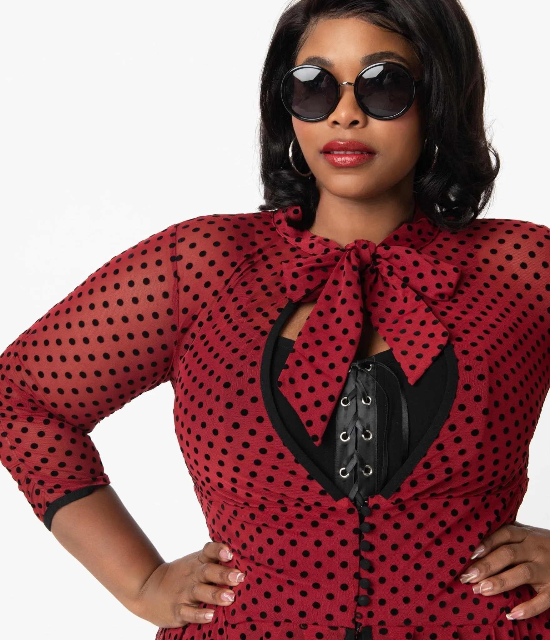 Unique Vintage Plus Size Burgundy & Black Swiss Dots Tallullah Duster sold by Unique Vintage product image thumbnail 2