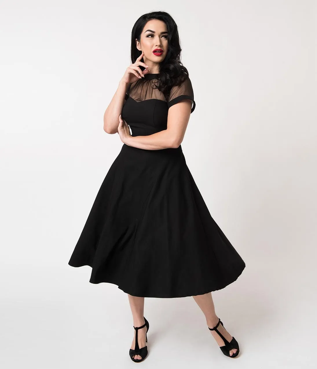 Unique Vintage 1950s Black Stretch Sheer Bodice Shirelle Swing Dress sold by Unique Vintage product image thumbnail 5