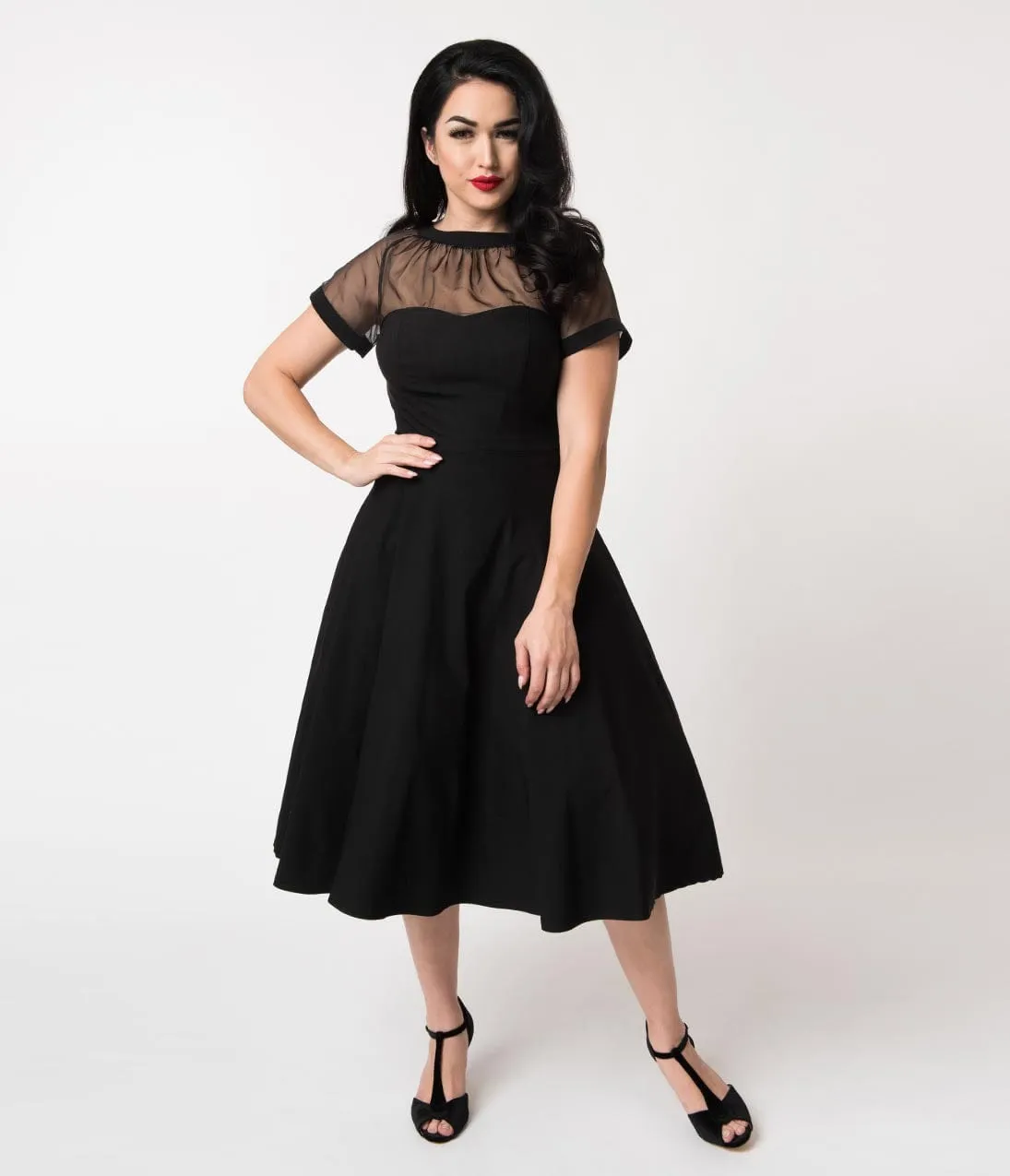 Unique Vintage 1950s Black Stretch Sheer Bodice Shirelle Swing Dress sold by Unique Vintage product image thumbnail 4