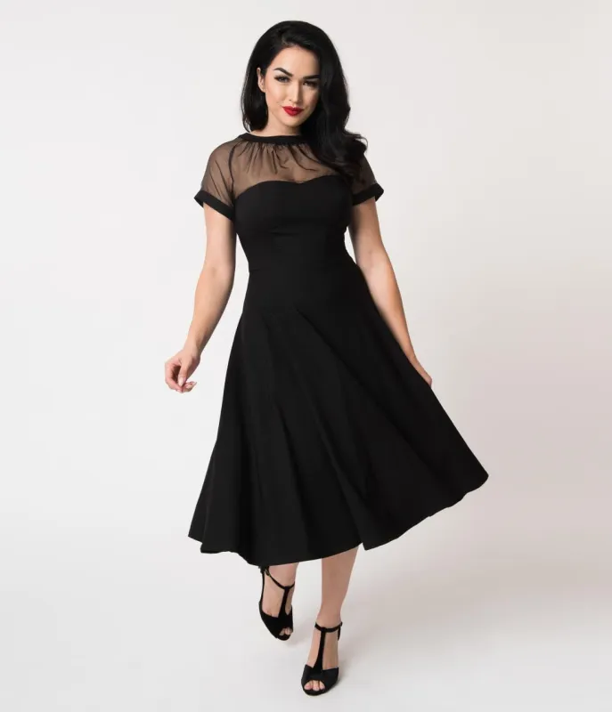 Unique Vintage 1950s Black Stretch Sheer Bodice Shirelle Swing Dress sold by Unique Vintage