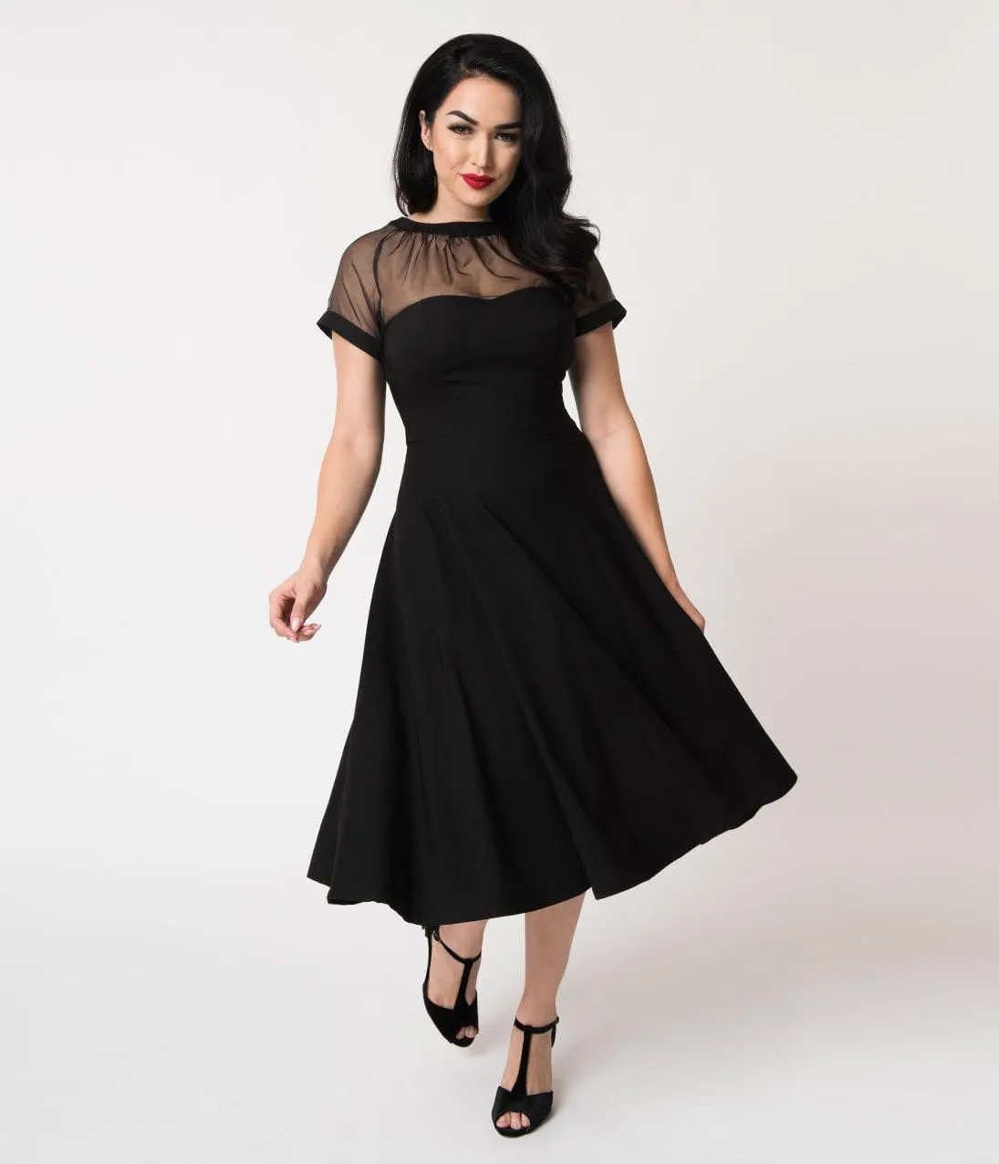 Unique Vintage 1950s Black Stretch Sheer Bodice Shirelle Swing Dress sold by Unique Vintage