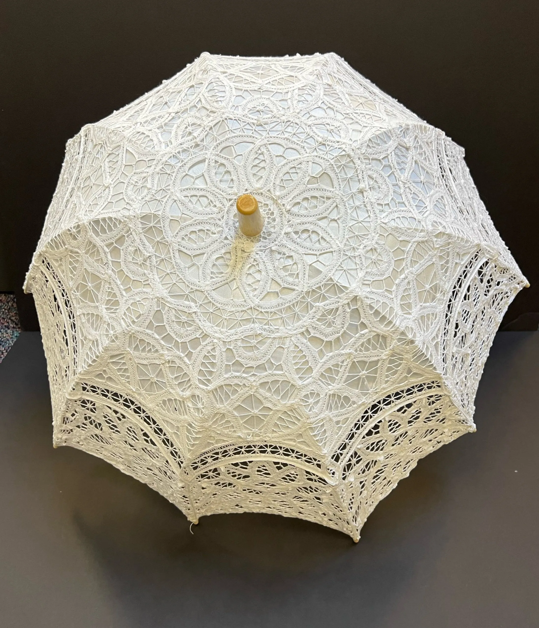 White Battenburg Parasol sold by Unique Vintage