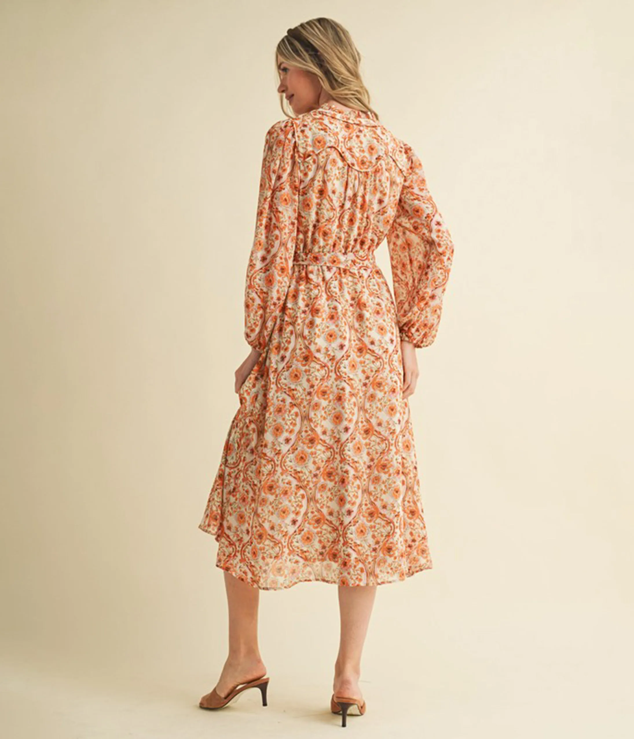 Cream & Floral Print Belted Midi Dress sold by Unique Vintage product image thumbnail 2