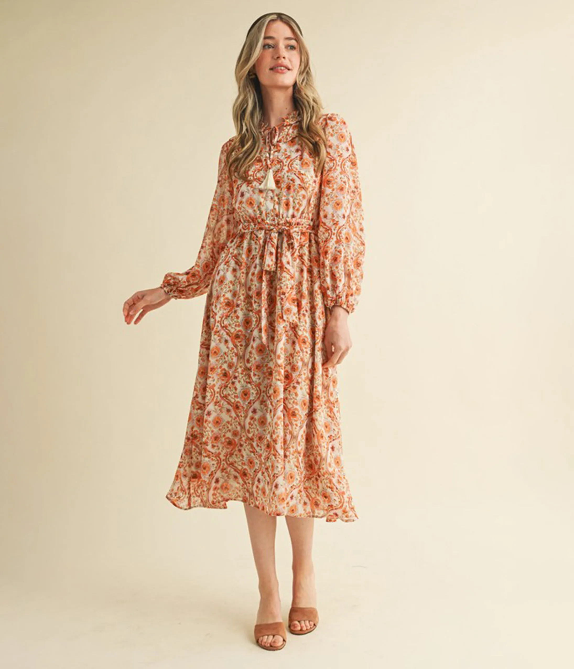 Cream & Floral Print Belted Midi Dress sold by Unique Vintage