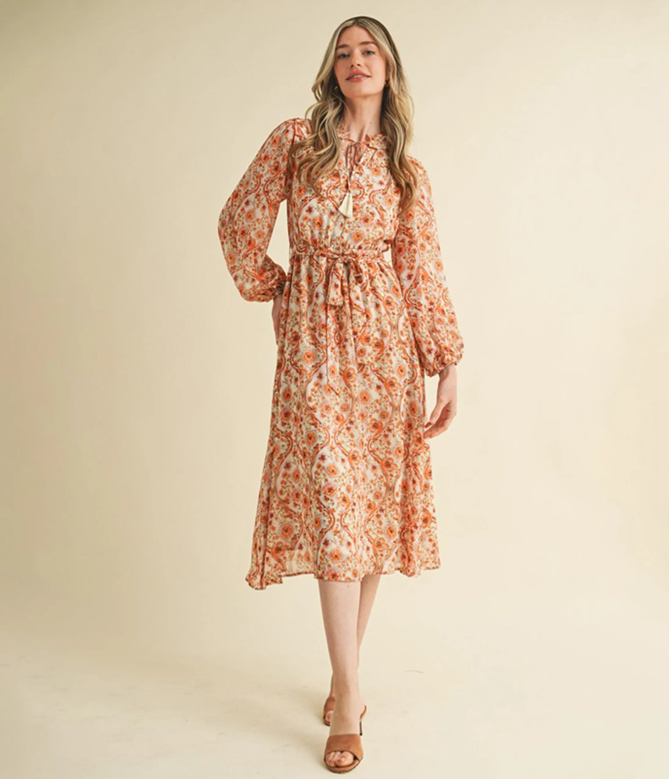 Cream & Floral Print Belted Midi Dress sold by Unique Vintage product image thumbnail 3