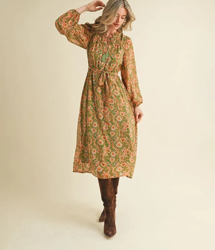 Olive & Floral Print Belted Midi Dress sold by Unique Vintage