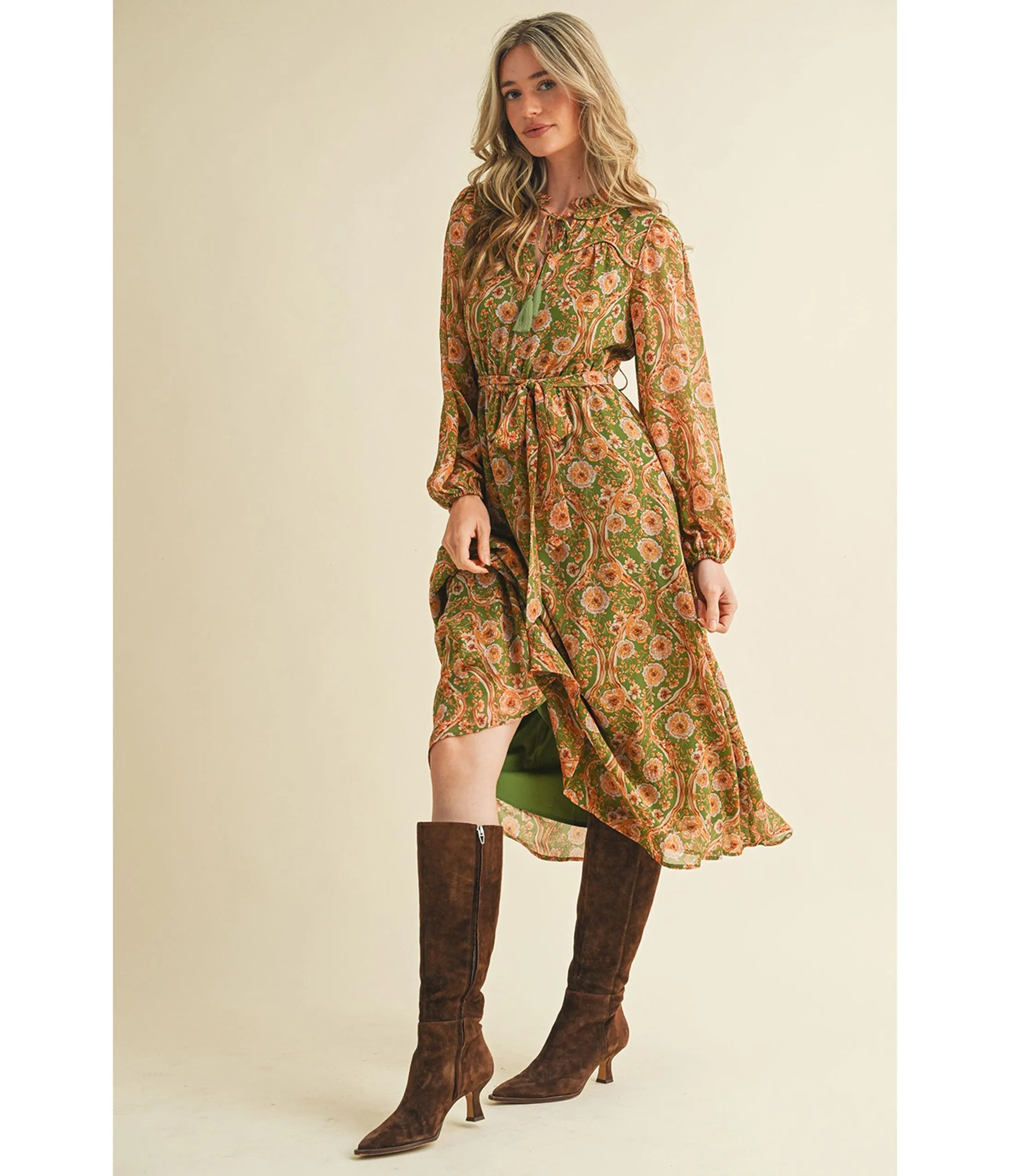 Olive & Floral Print Belted Midi Dress sold by Unique Vintage product image thumbnail 5