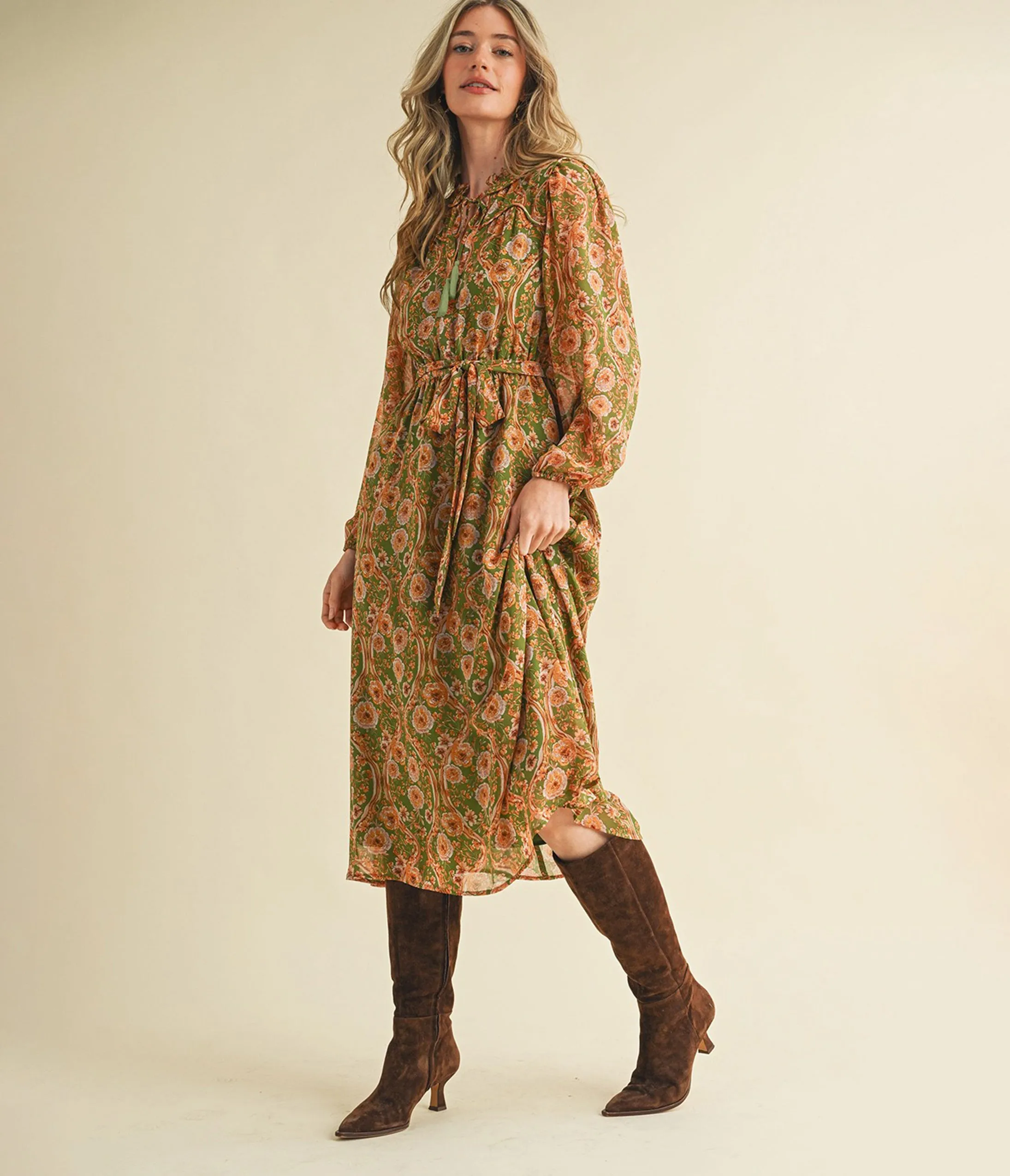 Olive & Floral Print Belted Midi Dress sold by Unique Vintage product image thumbnail 4