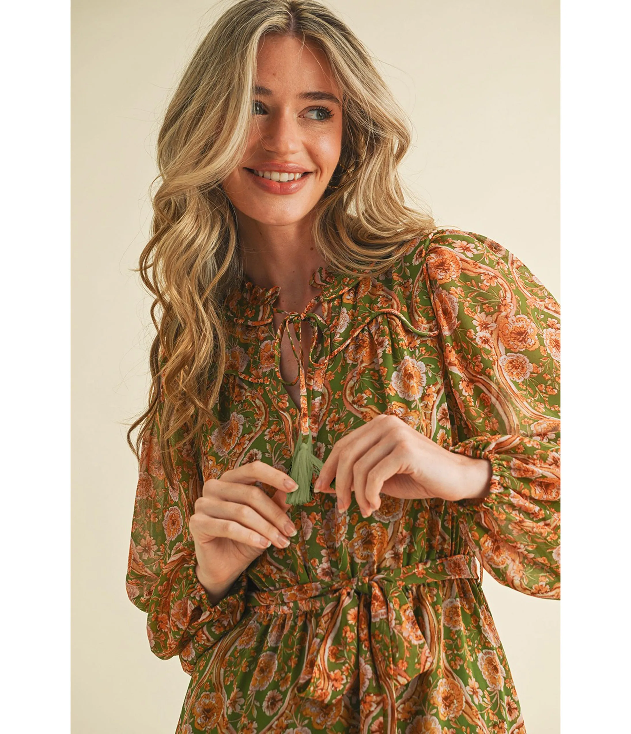 Olive & Floral Print Belted Midi Dress sold by Unique Vintage product image thumbnail 3
