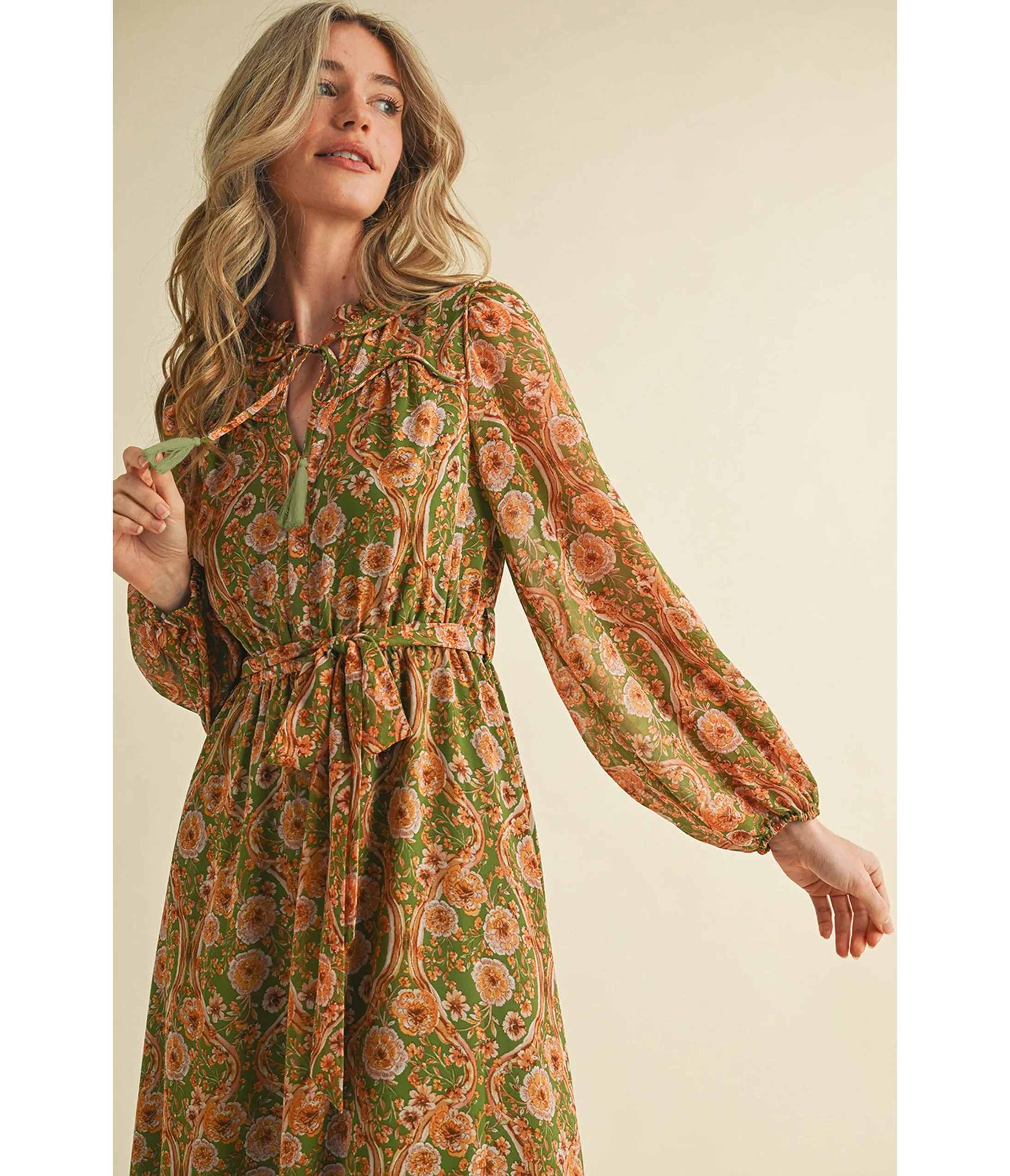 Olive & Floral Print Belted Midi Dress sold by Unique Vintage product image thumbnail 2